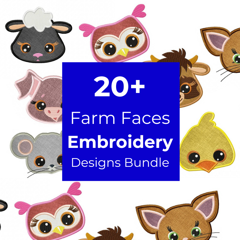 Farm Faces Embroidery Design Pack, Animal Horse Dog Sheep Pig Cow chicken Face APPLIQUE Embroidery Design 4 sizes each INSTANT DOWNLOAD